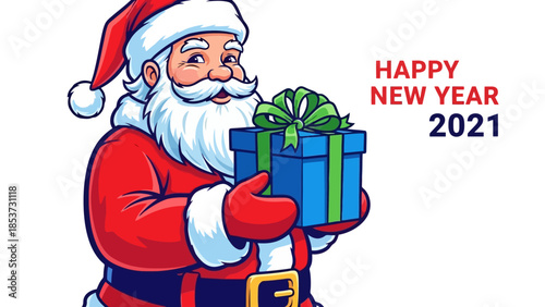 Illustration of Santa Claus holding a gift box and wishing a Happy New Year 2021