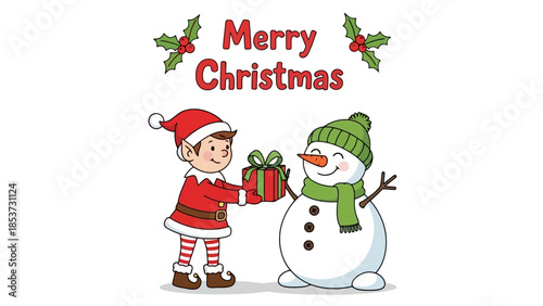 Merry Christmas greeting from a cheerful elf presenting a gift to a jolly snowman wearing a green scarf and hat