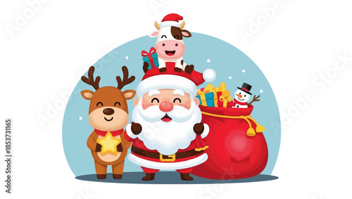 Festive Christmas Cheer Santa, Reindeer, and Cow Celebrate the Holidays with Gifts