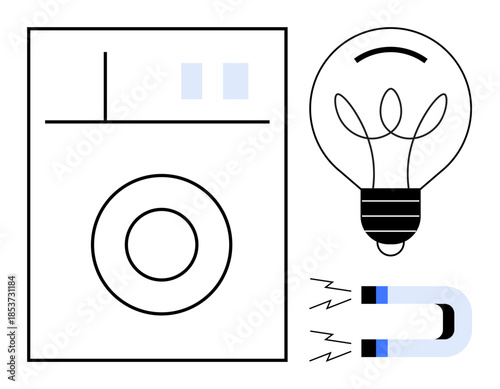 Renewable energy, science education, electricity, household appliances, innovation, magnetic energy. Illustration a light bulb, magnet and a washing machine. Renewable energy and science education