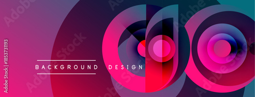 Abstract vibrant circles overlap, creating dynamic background. Pink, purple, blue hues dominate design, text present.