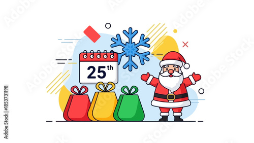 Festive Christmas Scene with Santa Claus, Presents, and Snowflake Illustration