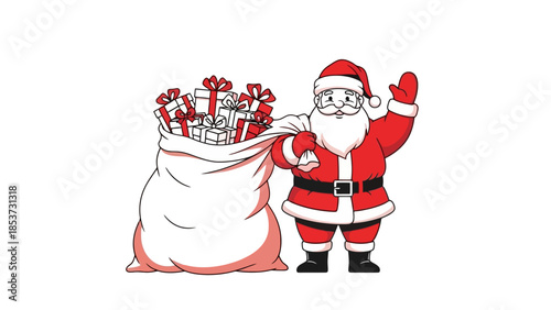 Santa Claus Waving with Bag of Presents A Festive Christmas Illustration