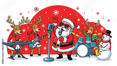 Christmas rock band with Santa Claus and reindeer singing and playing instruments