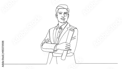 A confident professional man holding a document stands with his arms crossed in a simple line drawing.