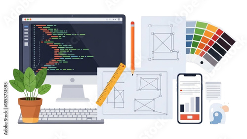 A computer screen displaying coding interface surrounded by design elements and mobile device