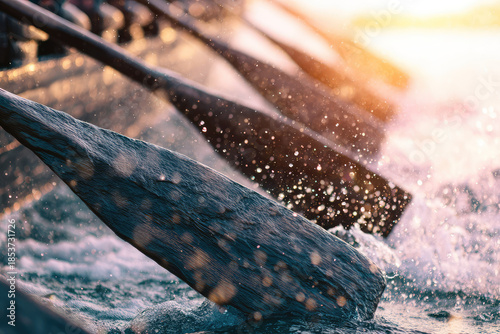 Row of wooden oars splash water during golden sunset reflecting intense effort of ancient naval galley racing to battle across sea