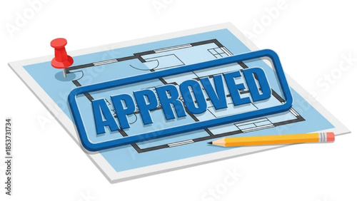 Blueprint Design Approved with Stamp and Pencil on White Background