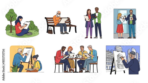 Artists creating artwork in various locations and environments with different techniques and mediums.