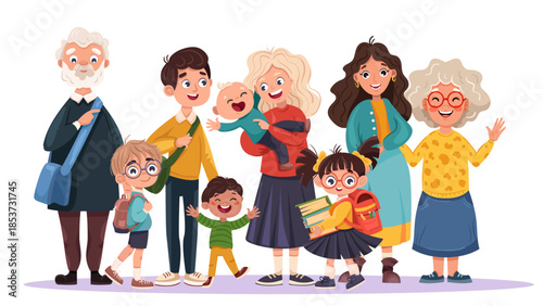 Big family together. Happy extended family with parents, grandparents and children and with cheerful smile. Vector flat cartoon illustration