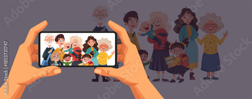 Happy family taking photo together with smartphone. Parents, grandparents and kids smiling while capturing memories. Colorful vector illustration of modern photography moment.
