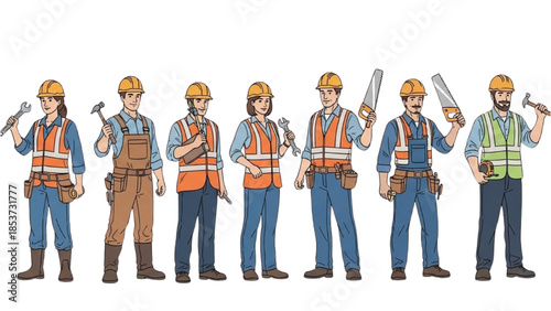 Diverse group of construction workers standing in a line holding various tools against a white background