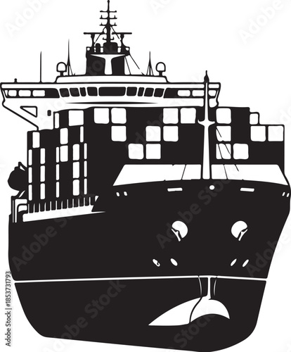 Black and white silhouette of a large cargo ship container ship