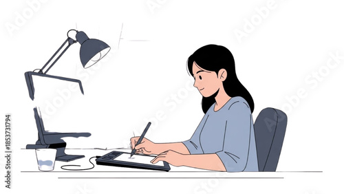 A woman sitting at a desk, engaged in drawing with a pencil on paper, surrounded by office supplies and a desk lamp
