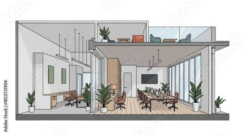 A modern office space with an open layout and plants viewed from the side.
