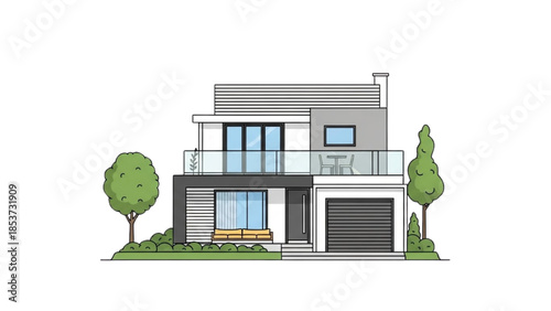 Modern house illustration with garage, balcony, and trees in a suburban setting