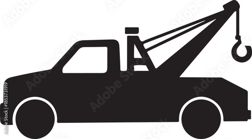 Black silhouette of a tow truck with a hook white vehicle