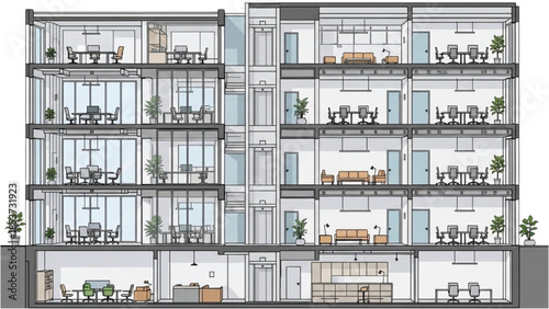 Detailed cross-section of a modern multi-story office building with open workspaces and balconies