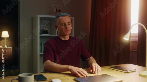 Sad despair man work laptop home. Guy fail task. Male employee failure. Busy person use broken pc. Online computer freelance remote job problem. Worker ruined career, loss start up money. Bad day.