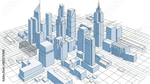 Isometric cityscape illustration showcasing modern skyscrapers and urban architecture on a grid layout