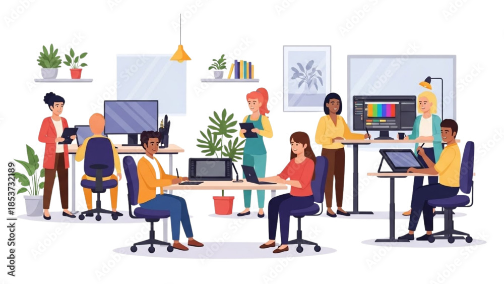 Fototapeta premium A group of people working together in a modern office space with computers and plants.