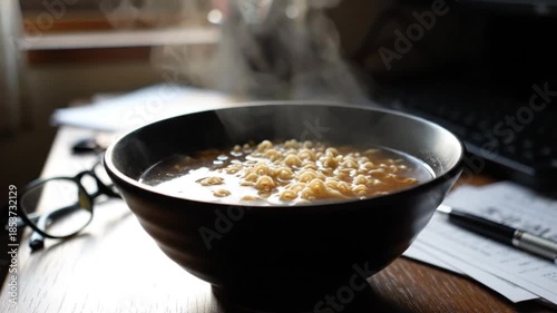 Hot Bowl of Porridge with Steam Rising in Cozy Kitchen
