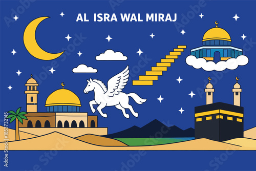 Wide Al Isra Wal Miraj Rajab Scene Depicting Sacred Night Spiritual Journey Symbolic Islamic Heritage