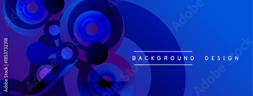 Abstract blue background features overlapping circles, creating dynamic visual effect. Gradient shades add depth, modern aesthetic.