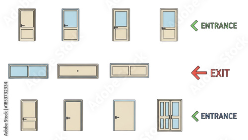 Various doors and windows illustrating different architectural designs and functionalities for entrances and exits in a building
