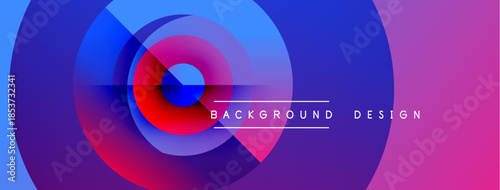 Abstract vibrant design. Overlapping circles create dynamic gradient effect. Purple, blue, red hues dominate composition. Modern aesthetic.