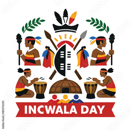Square Incwala Day Icon Showing Eswatini Cultural Celebration Unity Tradition Heritage Minimal Flat Illustration