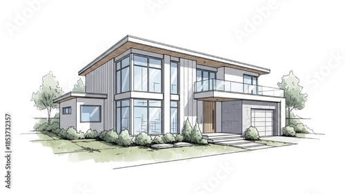 Modern House with Large Windows and Balcony in a Serene Landscape View from the Front Yard