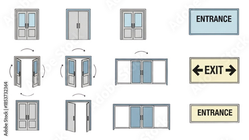 Illustrations of various door designs and entrance exit signs in different configurations and styles