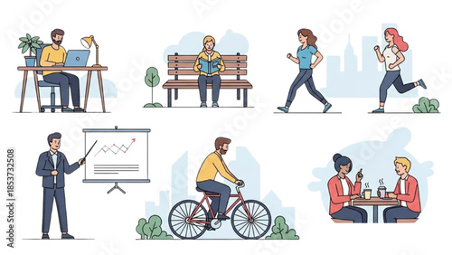 People engaging in various daily activities in a modern urban environment from an illustrative viewpoint