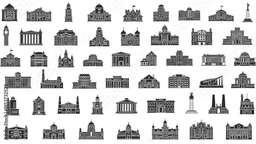 Collection of architectural illustrations featuring famous landmarks and monuments from around the world in monochrome style
