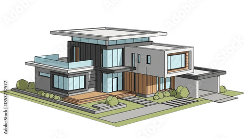 Modern residential building illustration with sleek design and landscaped garden viewed from an aerial perspective