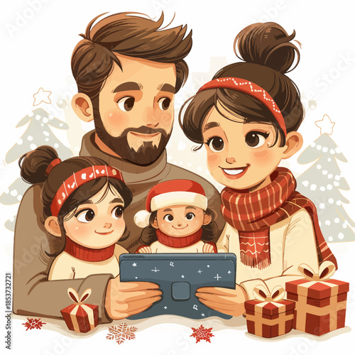 Christmas Family Vector Illustration Using Tablet For Video Call