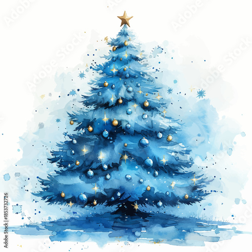 Beautiful Blue Christmas Tree Watercolor Vector Illustration