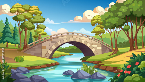 Very beautiful stone arch bridge crossing a calm river in a park setting, surrounded by trees, open sky, and natural greenery forming a timeless and peaceful landscape scene.