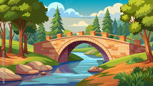 Very beautiful stone arch bridge crossing a calm river in a park setting, surrounded by trees, open sky, and natural greenery forming a timeless and peaceful landscape scene.