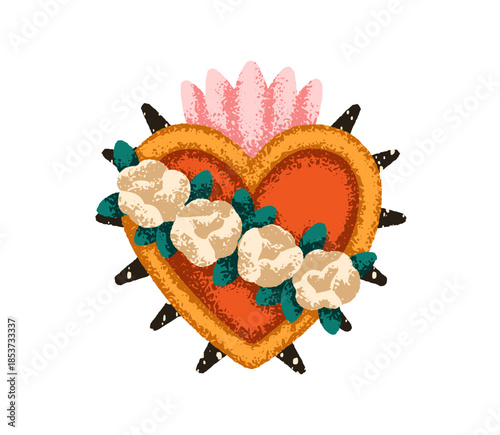 Heart, Mexican love symbol. Mexico corazon with floral crown, rose flowers, spikes. Spiky romantic element, passion for Valentine's day. Flat vector illustration isolated on white background
