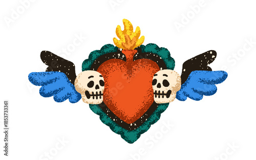 Mexican heart with skulls, wings and fire flame. Sacred corazon, Mexico love ...