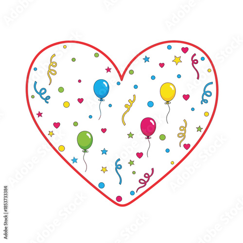 Heart shaped decoration with colorful balloons and confetti for New Year