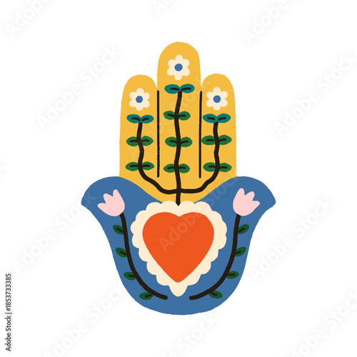 Mexican heart symbol in hand shape. Sacred folk corazon with floral ornament,...