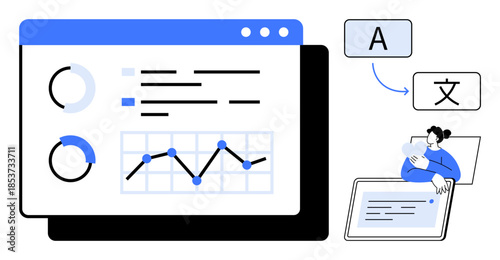 Data analysis concept. Data analysis through charts, graphs, and visuals. Data analysis combined with language translation tools for global communication. For business, analytics, education, language