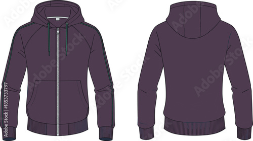 Zip-up hoodie front and back flat sketch, drawstring hood dual pocket ribbed cuff hem seam detail, cad drawing flat vector illustration template