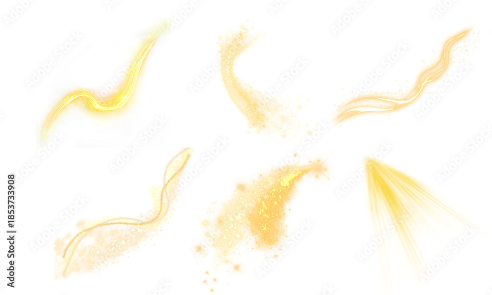 Fototapeta premium PNG image of Golden Light Streaks, Swirls, and Sparkles PNG Elements: Abstract Energy Trails for Magical Effects, Festive Accents, and Creative Design isolated on Transparent Background