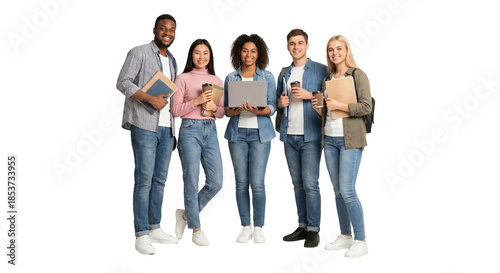 Happy diverse group of university students standing together holding books and laptop isolated on white background
