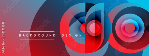 Abstract geometric shapes overlap, creating vibrant color gradients. Red, blue, purple hues dominate design. Text reads background design.