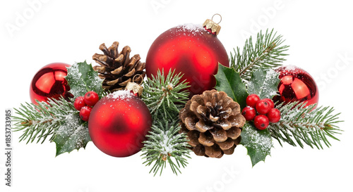 Christmas decoration with red baubles, pine cones and fir branches isolated on white background
